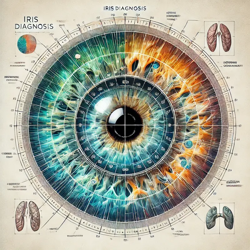 Ilustración profesional de un iris humano con un diseño detallado para irisdiagnosis, mostrando las posiciones de los órganos según la iridología. Ideal para comprender cómo la salud está reflejada en el ojo. Diseño visual atractivo, ideal para profesionales y estudiantes de la medicina holística.