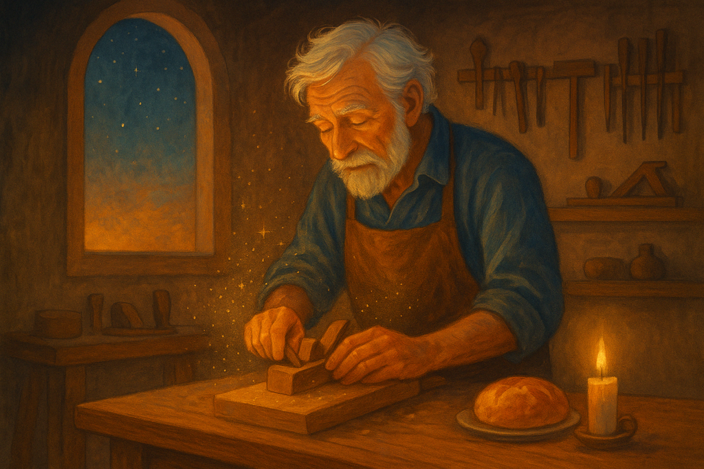 Ein älterer Handwerker glättet ein Holzstück in einer warm beleuchteten Werkstatt, umgeben von goldenen Funken, mit einem Brotlaib und einer Kerze auf dem Tisch.